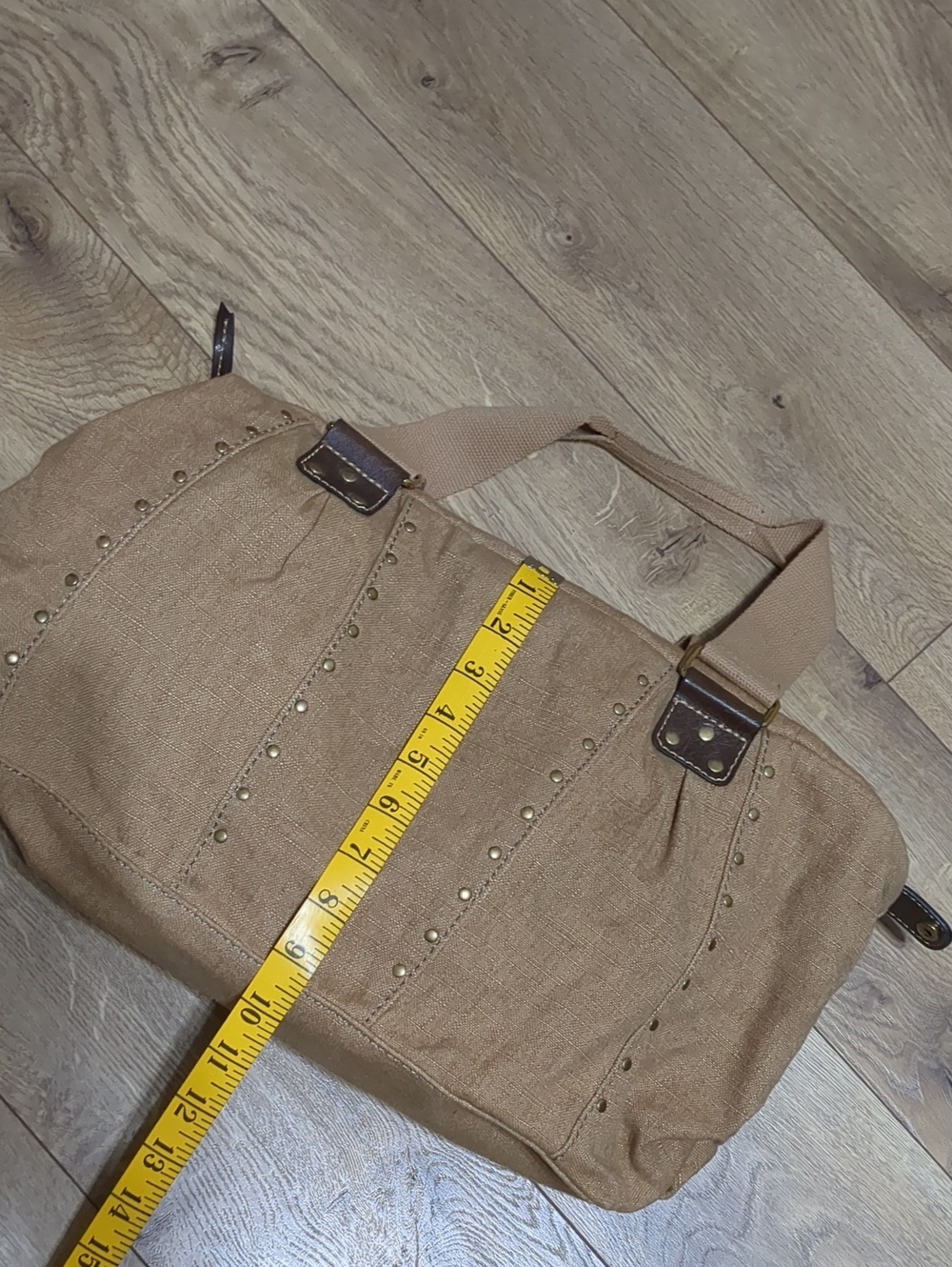 FOSSIL Tan Soft Canvas Brown Leather Gold Studded Tote Shoulder Bag - Picture 6 of 11